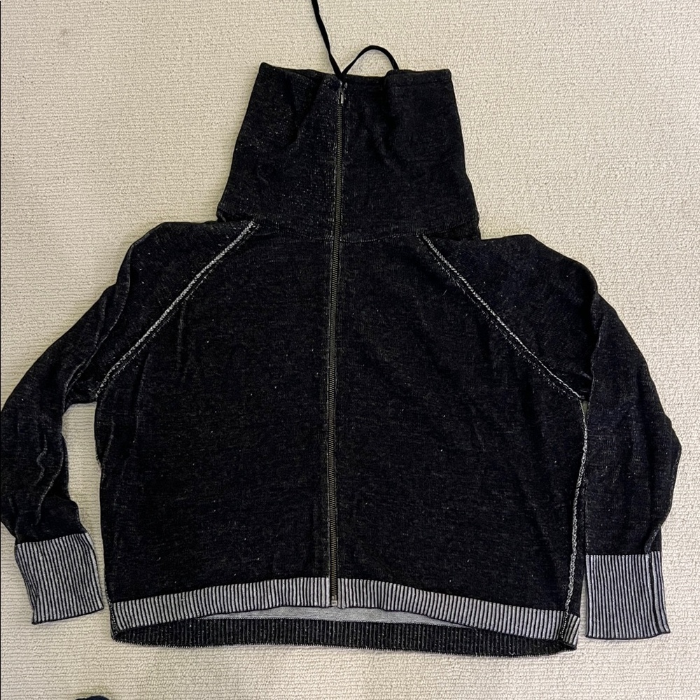 Eileen Fisher Black and Gray Striped Knit zipped sweater